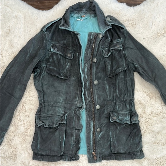 Free People Double Cloth Military Jacket Blue size XS 100% Cotton - Picture 4 of 14